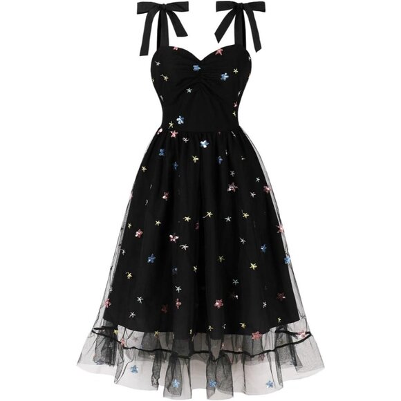 Women's Tie Strap Tulle Prom Dresses Sweetheart Flower Embroidery Dress - Picture 1 of 6